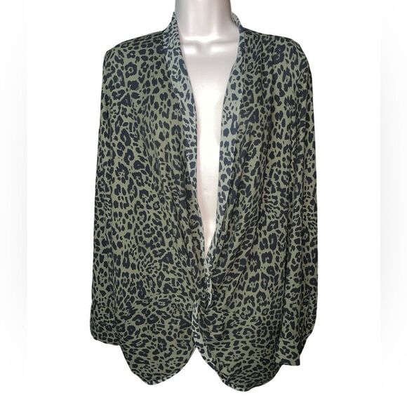 Express Olive Animal Print Twist Blouse V-Neck Long Sleeve XL Sheer Fabric - Picture 3 of 5
